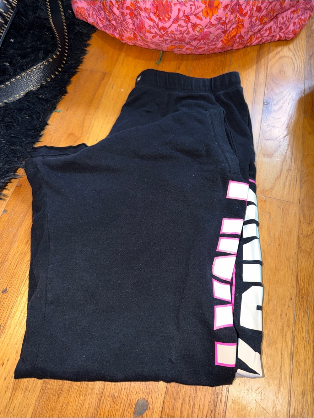 PINK Victoria's Secret Black Sweatpants with Pink & White Side Logo